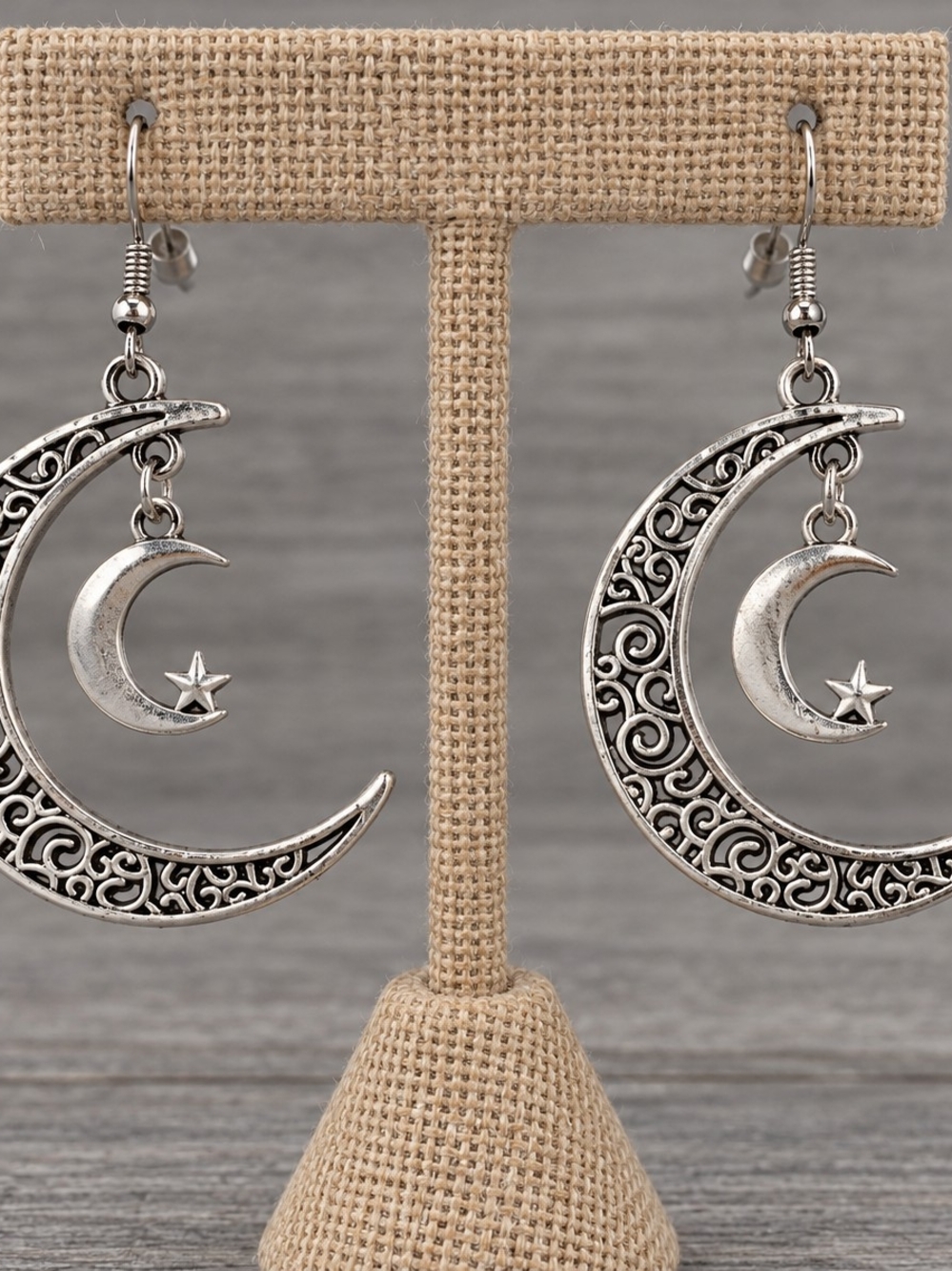 Silver Moon and Star Dangle Earrings